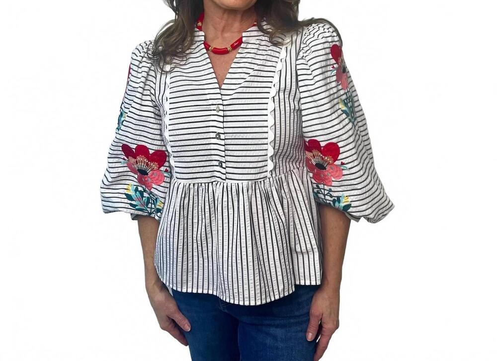 NEW JODIFL mallory floral embroidered blouse in white and charcoal